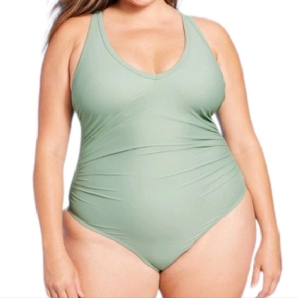 Women's V-Neck Over the Shoulder High Leg One Piece Swimsuit | Kona Sol | 14W - Picture 1 of 10